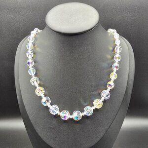 Vintage Aurora Borealis Graduated Crystal Necklace with Decorative Clasp 22"